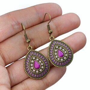 Multicolored Pear Bronze Earrings Dangle Bohemian Tribal Ethnic Y2K Purple